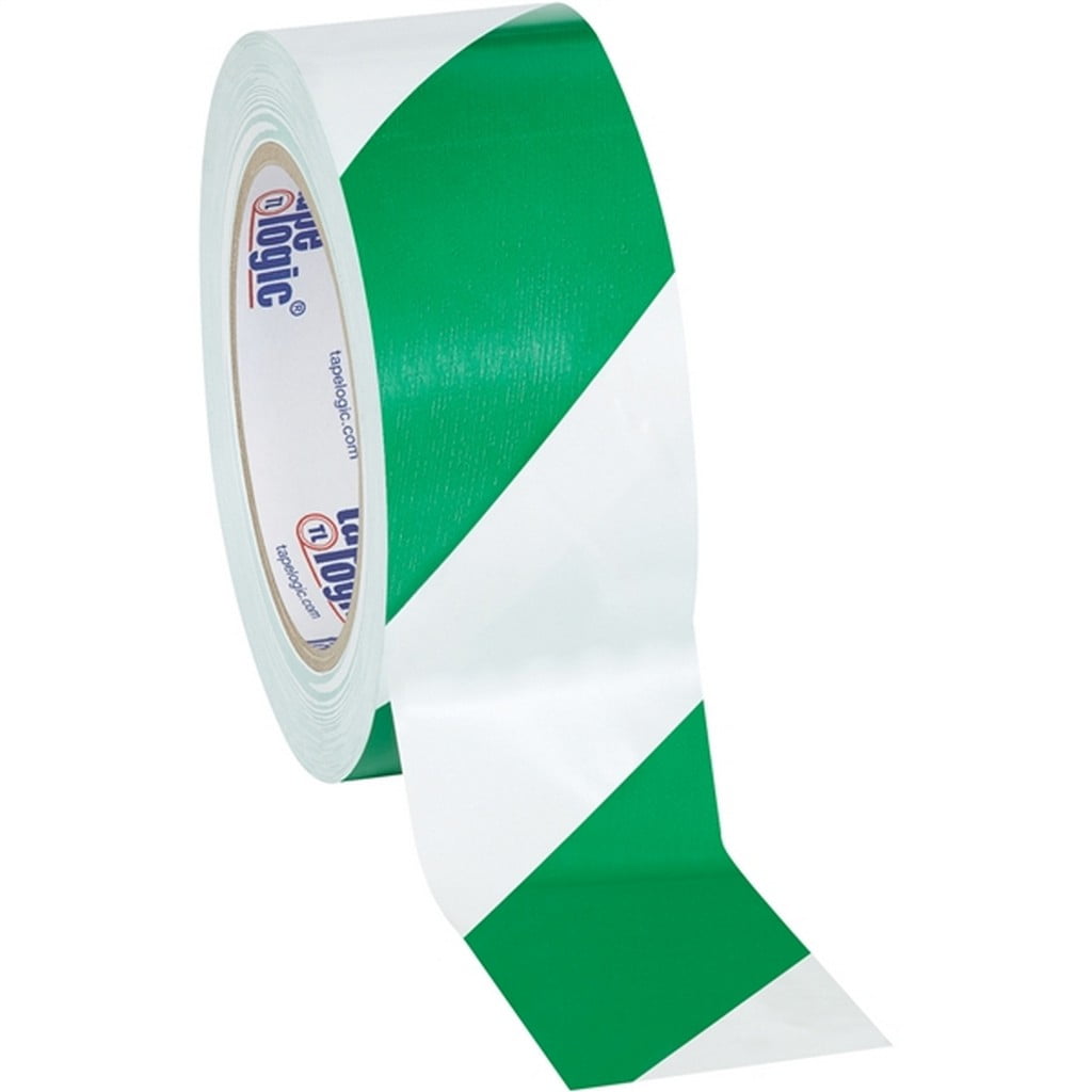 Tape Logic Green/White Striped Vinyl Safety Tape 2" x 36 Yard Roll (24 Roll/Case)