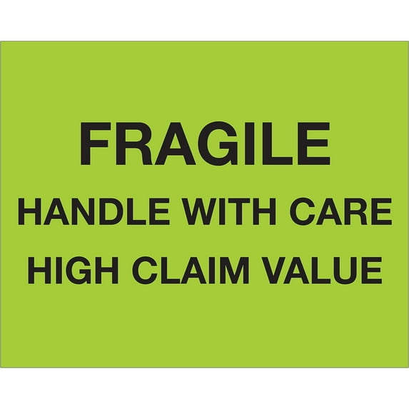 Tape Logic Labels "Fragile Handle With Care - High Claim Value" 8" x 10" Fluo DL1333