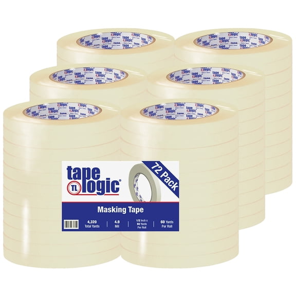 Tape Logic 2200 Masking Tape, 3" Core, 0.5" x 180', Natural, Case Of 72