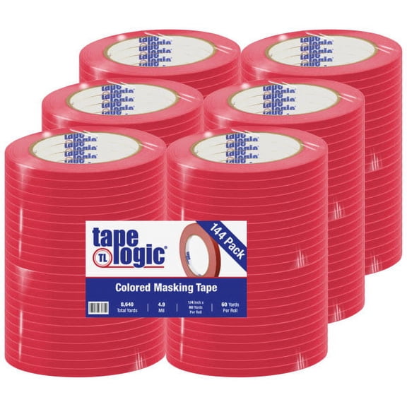 Tape Logic® Color Masking Tape, 3" Core, 0.25" x 180', Red, Case Of 144