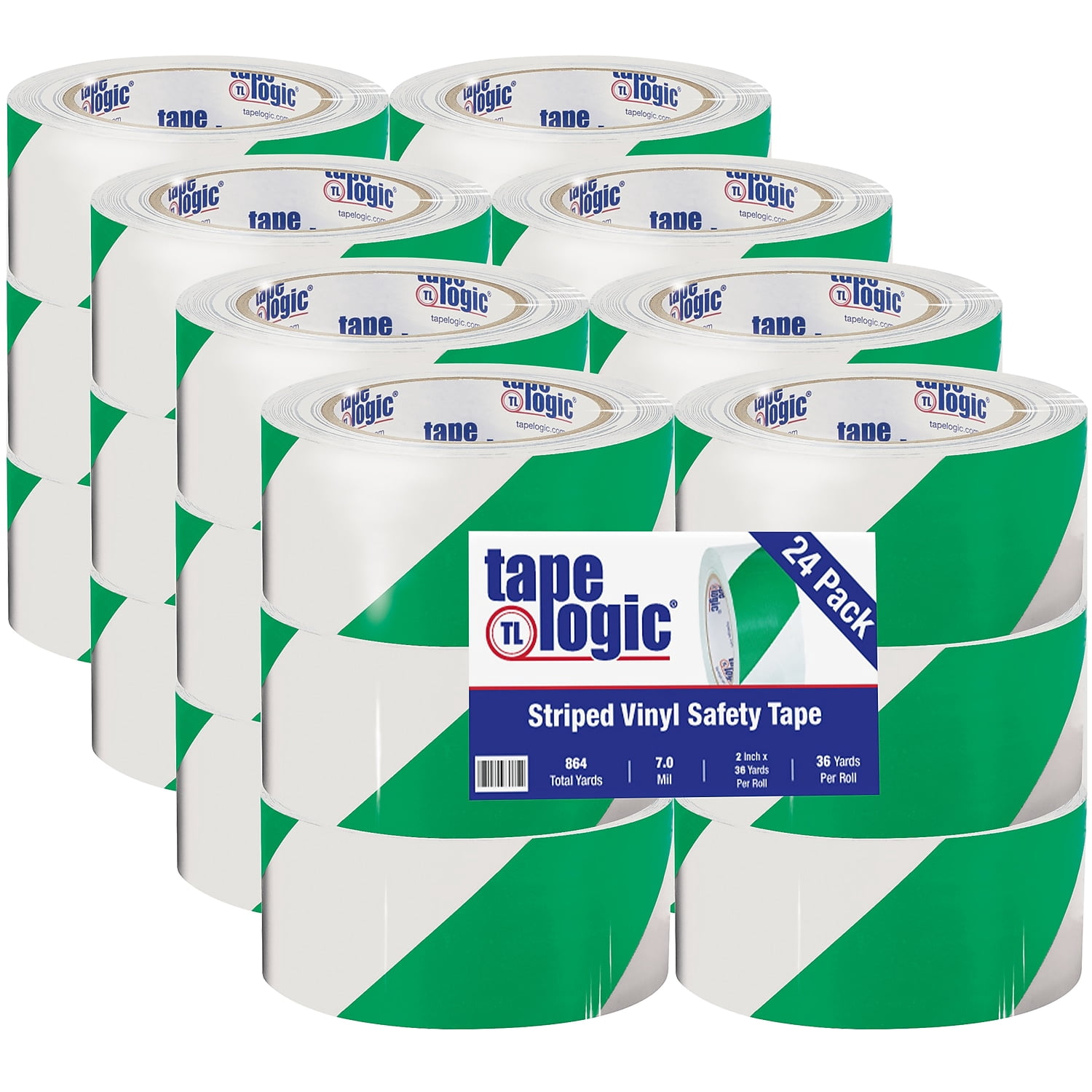Tape Logic Vinyl Safety Tape Green/White Striped 2" x 36yds. 24/Case (T9236GW)
