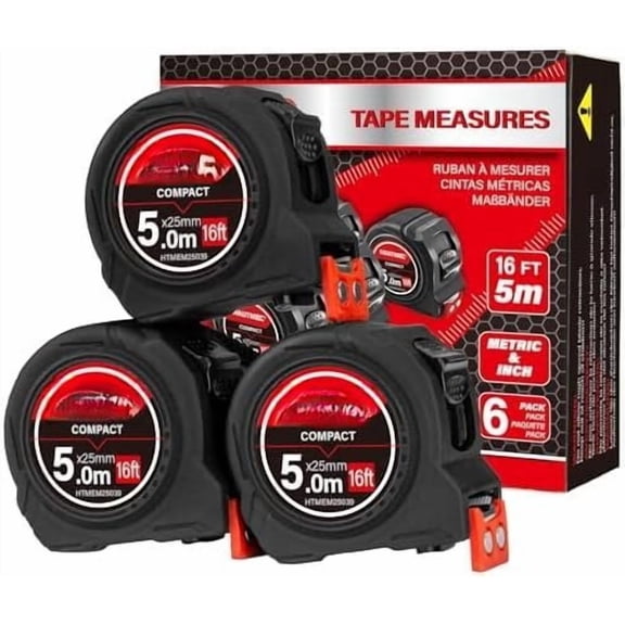 Tape Measure 16ft/5m 6-Pack with Hook & Finger Lock | Fraction 1/8" Metric and Scale | Compact for Builders, Woodworkers & Wholesale 25039
