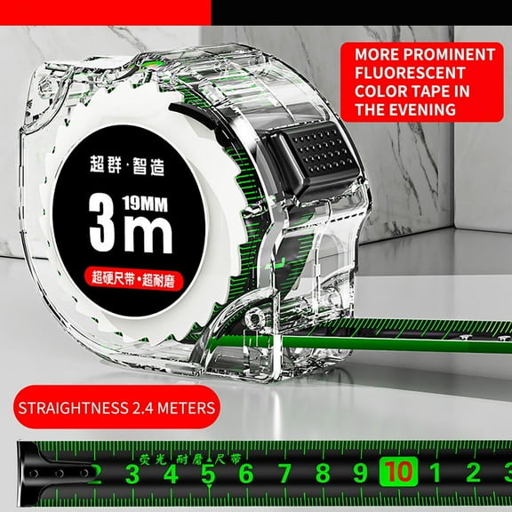 Tape Measure High Precision Carbon Steel Fluorescent Double Sided Transparent Ruler Fall-Proof Clear Scale 1-3m Correction Hook Portable for Decor Construction