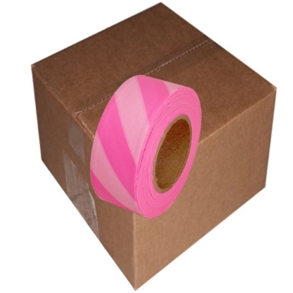 Tape Planet Fluorescent Pink and White Safety Striped Flagging Tape 1 3/16" x 150 ft Roll Non-Adhesive (12 Roll/Case)