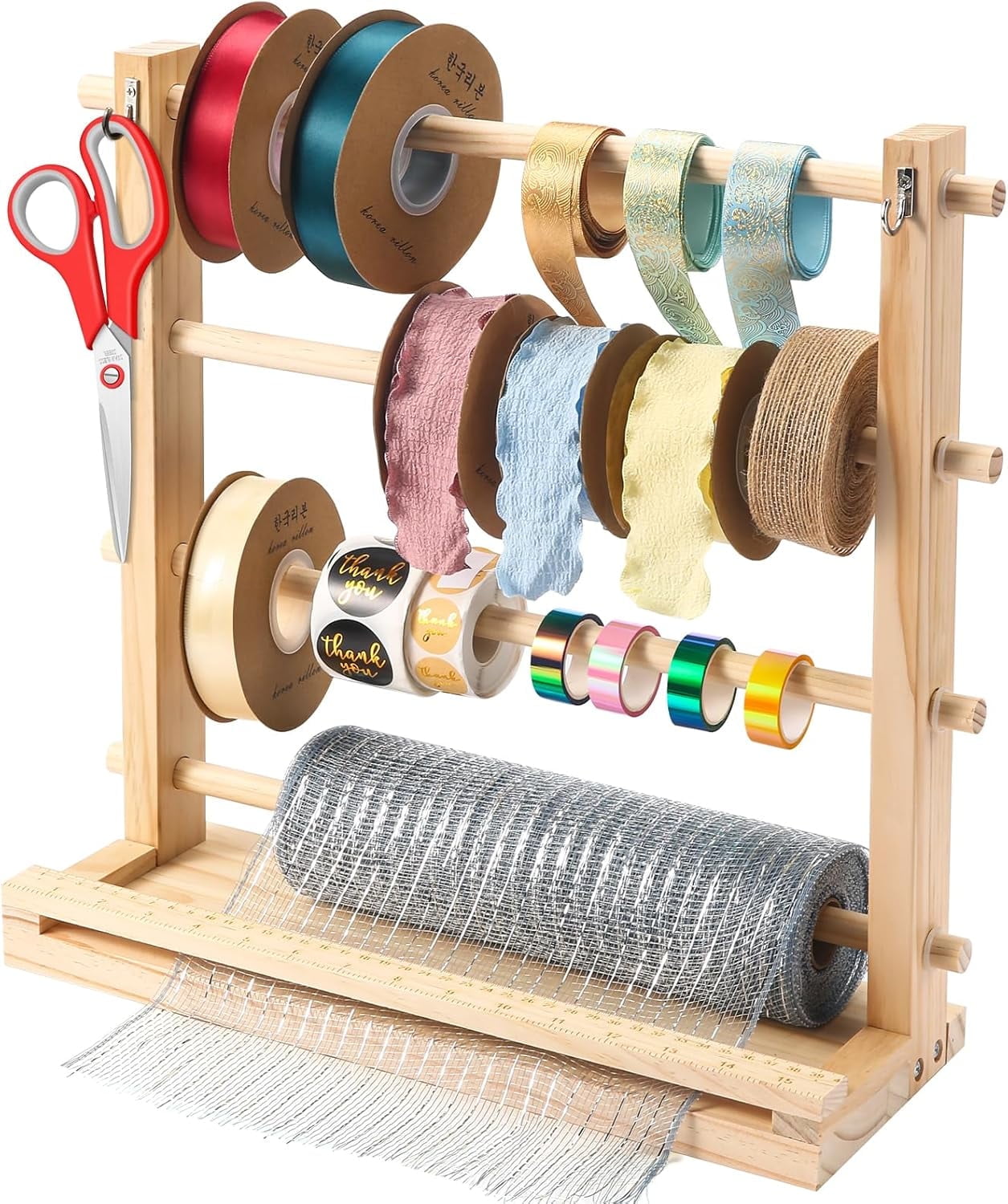 Tape Storage Organizer Rack Wooden Tape Spool Holder for Crafts Mesh Tape Wreath Bow Washi Tape Arts and Crafts Supplies Shelf