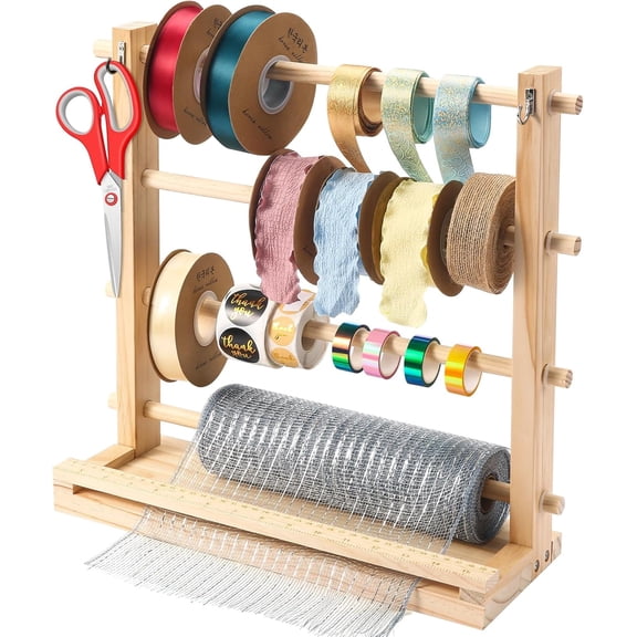 Tape Storage Organizer Rack Wooden Tape Spool Holder for Crafts Mesh Tape Wreath Bow Washi Tape Arts and Crafts Supplies Shelf