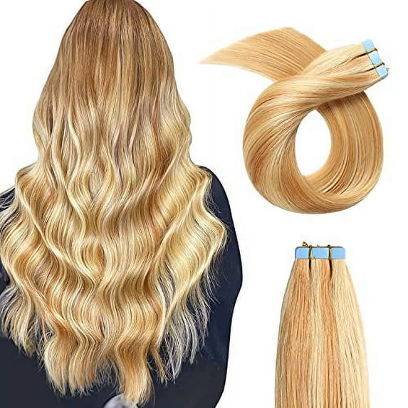 Tape in Human Hair Extensions Seamless Straight Tape in Hair Extensions 16 inches 20Pcs/Pack Highlighted Piano Color Tape in Extensions #27/613