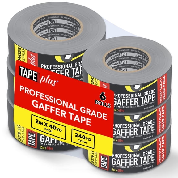TapePlus Gaffer Tape Roll - Waterproof Adhesive Film - Electrical Cable Management & Floor Marking - Non-Reflective Vinyl Floor Tape - Residue-Free Removal - 2 in x 40 yd, Black, 6-Pack