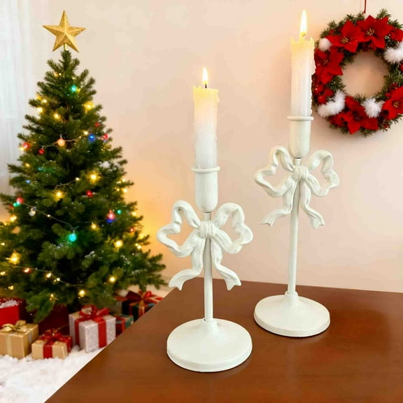 Taper Candle Holder, Metal Bow Candle Sticks Holder Decor,Modern Tall Candle Holder,Decorative Candlesticks for Fireplace, Wedding, Holiday & Christmas, White