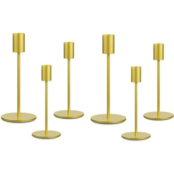 Taper Candle Holder Set of 6, Brass Gold Tall Candlestick Holders, Metal Vintage Candle Stickers Long Holder Set, Pillar Decorative Candle Holder Fits 3/4 Inch Candle for Wedding (Gold-6 Packs)