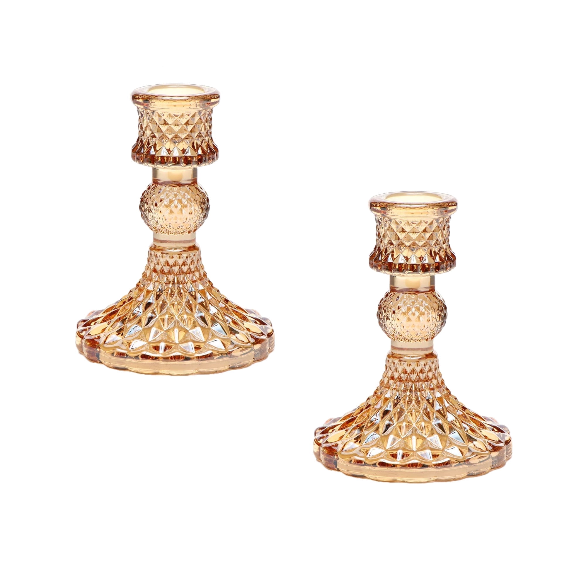 Taper Candle Holders 2 Pcs,Crystal Candle Holder for Use Dining Table Centerpieces Decor,Amber Diamond Style/4.1“x3.1“x0.8