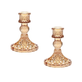 Taper Candle Holders 2 Pcs,Crystal Candle Holder for Use Dining Table Centerpieces Decor,Amber Diamond Style/4.1“x3.1“x0.8
