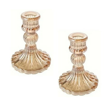 Taper Candle Holders 2 Pcs,Crystal Candle Holder for Use Dining Table Centerpieces Decor,Amber Striped Style/4.1“x3.1“x0.8