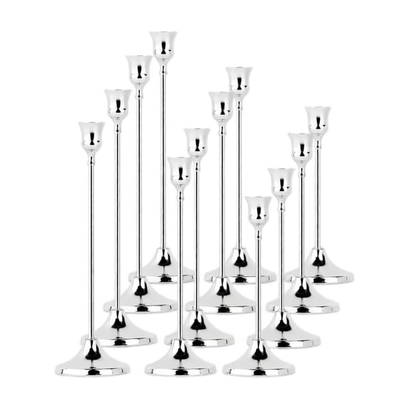 Taper Candle Holders | Candle Holders for Table Centerpiece, Silver Metal Table Decorations for Party Event, Wedding Table Decorations for Receptions and Home Dinners, 12 Pack