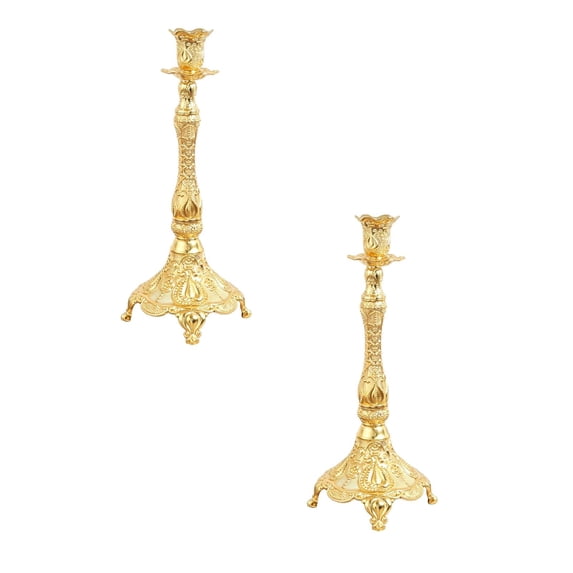 Taper Candle Holders Set of 2, Gold Ornate Metal Candlestick Stand 10.6 Inch Deluxe Shabbat Wedding Centerpiece for Dining Table Home Christmas Festival Decoration Use