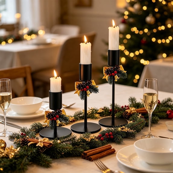 Taper Candle Holders Set of 3, Metal Iron Candlestick Holders with Bow Pinecone Berry Christmas Tabletop Decor for Dining Table Mantel Holiday Centerpiece