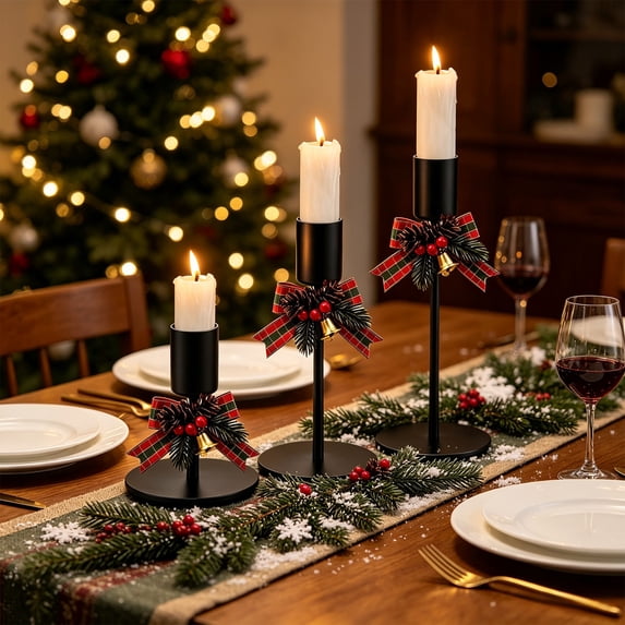 Taper Candle Holders Set of 3, Metal Iron Candlestick Holders with Bow Pinecone Berry Christmas Tabletop Decor for Dining Table Mantel Holiday Centerpiece