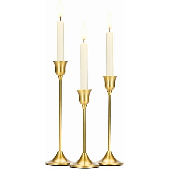 Taper Candle Stick Holder - 3PCS Brass Gold Pillar Tall Candlestick Holders Metal Vintage Decor Dinner Table Dining Room Centerpieces Decorations for Wedding Fireplace Mantel Housewarming Gift