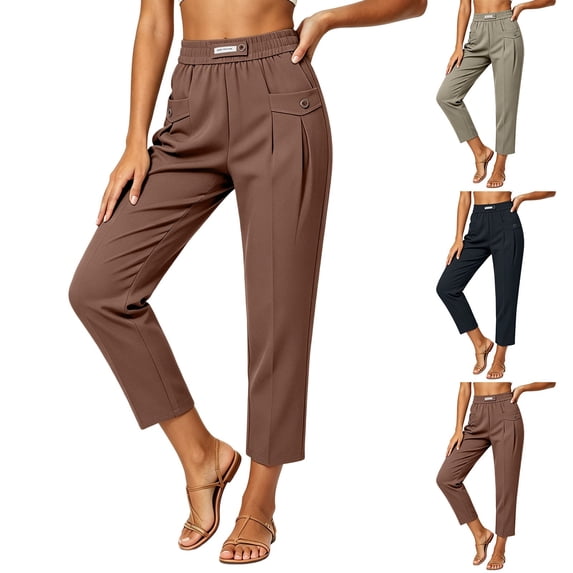 Tapered Ankle Cropped Dress Pants for Women, High Rise Solid Slim Fit 9/10 Length Business Casual Pants with Side & Back Pockets Coffee XS(XS)