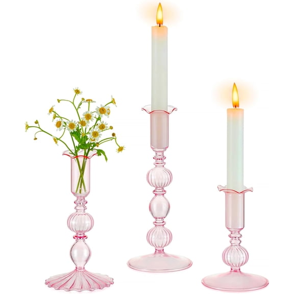 Tapered Candlestick Holders Pink: Set of 3 Glass Candle Sticks Holder Decor with Bobeche Modern Ribbed Taper Candle Holders for Table Centerpiece Valentines Wedding Home Decorations