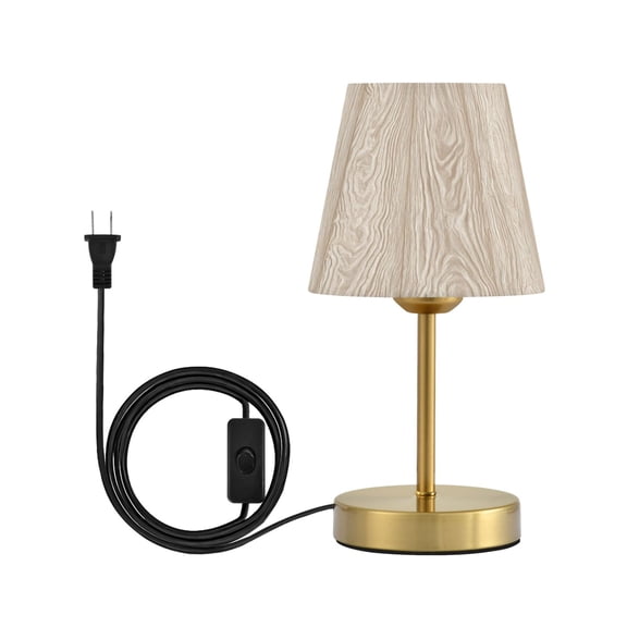 Tapered Desk Lamp with Antique Brass Base Table Lamps Dimmable LED Bulb Button Switch Night Light Beige Wood Grain Pattern Small