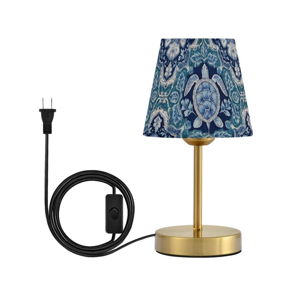 Tapered Desk Lamp with Antique Brass Base Table Lamps Dimmable LED Bulb Button Switch Night Light Dark Teal Turtle Pattern Small