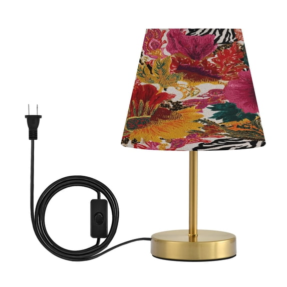 Tapered Desk Lamp with Antique Brass Base Table Lamps Dimmable LED Bulb Button Switch Night Light Flowers and Zebra Print Medium
