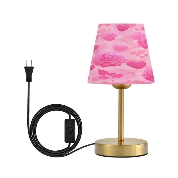Tapered Desk Lamp with Antique Brass Base Table Lamps Dimmable LED Bulb Button Switch Night Light Pink Hearts and Roses Pattern Small