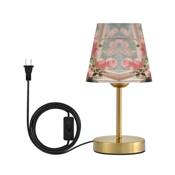 Tapered Desk Lamp with Antique Brass Base Table Lamps Dimmable LED Bulb Button Switch Night Light Pink Rose Bushes Small