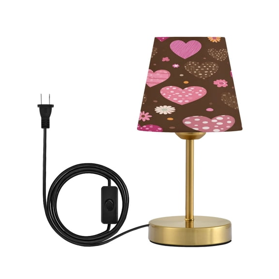 Tapered Desk Lamp with Antique Brass Base Table Lamps Dimmable LED Bulb Button Switch Night Light Pink and Brown Hearts Pattern Small