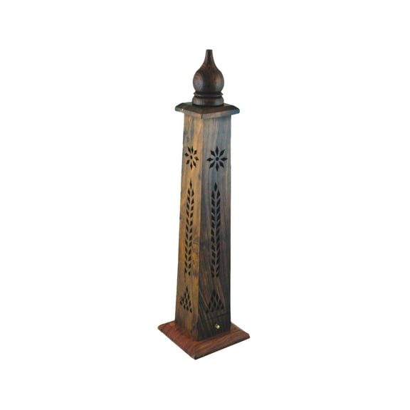 Tapered Floral 12 inch Carved Wooden Incense Burner Tower