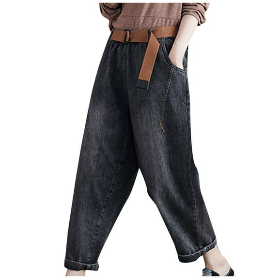Tapered Jeans Trousers For Women Elastic Wais Girdle Wide Ankle Banded Pants Y2k Baggy Boyfriend Jeans With Pockets Light Black L