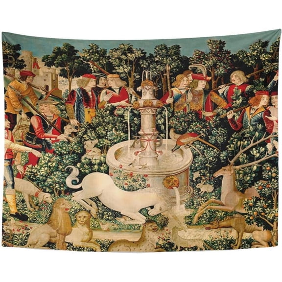 Tapestry Artwork Wall Hanging Unicorn Tapestries Medieval Hunt Found Mythical Creatures 60x80 Inches Home Decor Tapestries Mattress Tablecloth Curtain Print