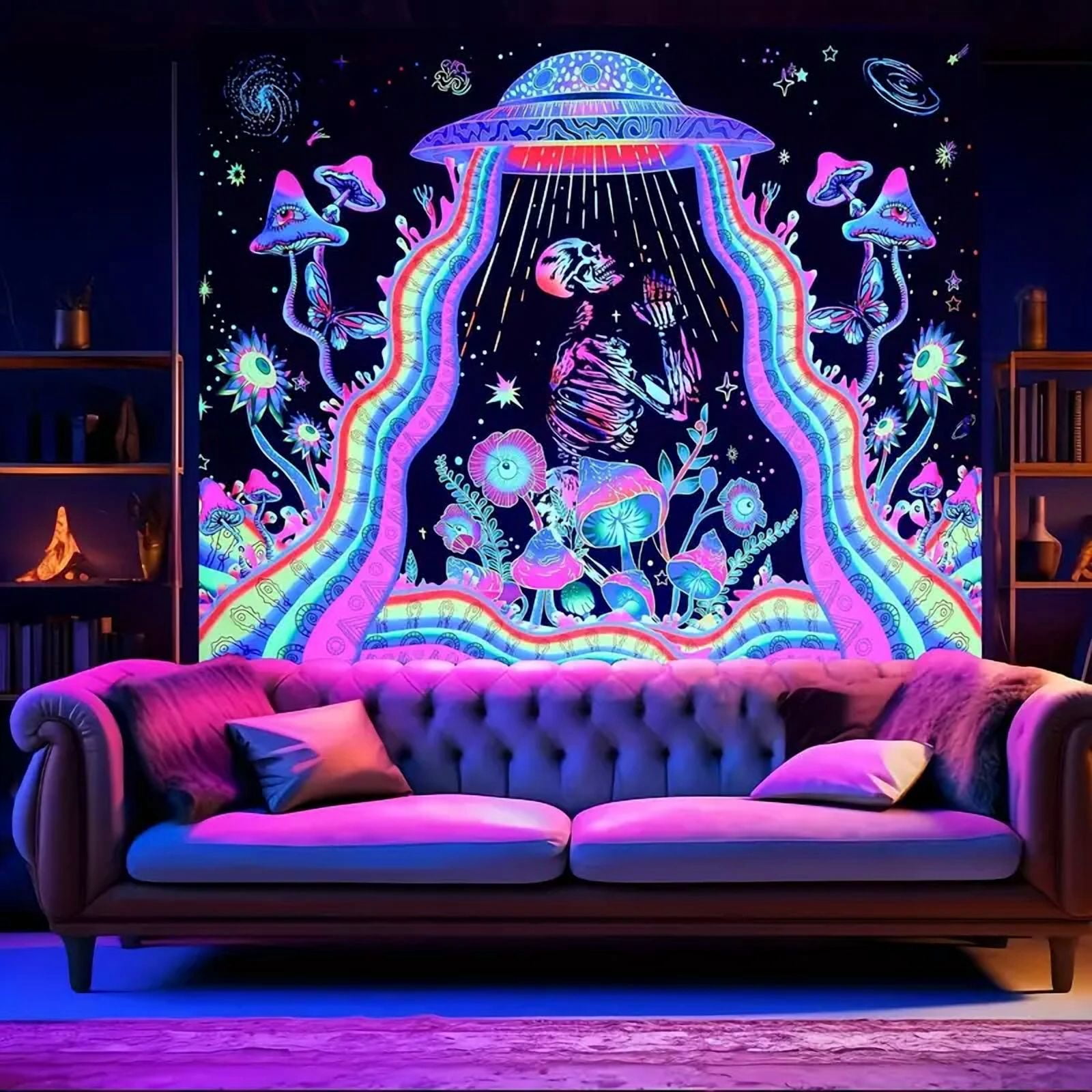 Tapestry Blacklight UV Reactive Tapestry UFO Alien Skull tapestry Wall ...