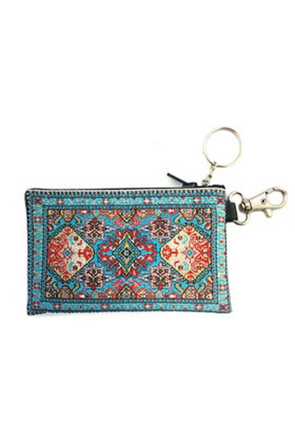 Tapestry Cloth Key Chain Coin Rosary Holder Case Pouch Turquoise With Red 4 3/4 Inch Width