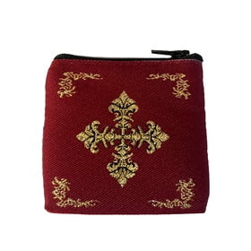 Tapestry Cloth Pouch For Your Religious Jewelry Rosary - With Cross - Maroon Dark Red Color With Gold - 2 3/4 inch tall x 3 inch Wide