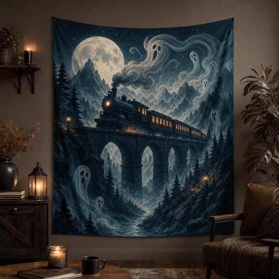 Tapestry Ghost Train Moonlit Scene Fabric Wall Hanging for Halloween Gothic Room