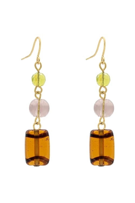 Multicolor Glass Bead Dangle Earrings - Yellow, Pink and Amber Drop Earrings Jewelry Metal
