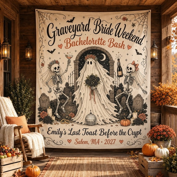 Tapestry Graveyard Bride Weekend Fabric Backdrop for Halloween Bachelorette Party