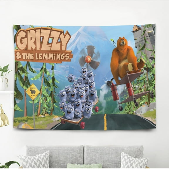Tapestry Grizzy & the Lemmings for Teen Girls Bedroom Aesthetic Wall Hanging Art Poster for Kids Living Room College Dorm Home Decor Arts, 80 x 60 inch