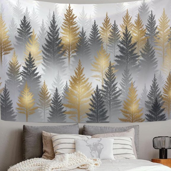 Tapestry Misty Pine Forest Wall Hanging Tapestry Minimalist Style Tapestries Wall Art Decor for Bedroom, Dorm, College, Living Room, 40L x 30W Golden Gray