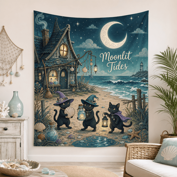 Tapestry Moonlit Witch Seaside Cottage Wall Hanging for Coastal Gothic Bedrooms