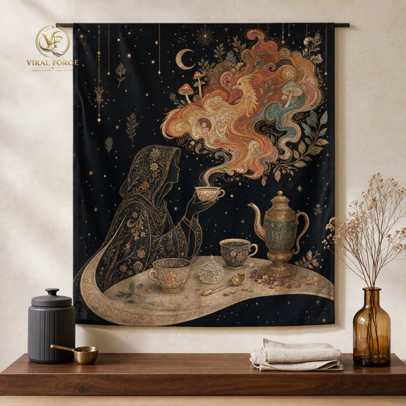 Tapestry Mystical Tea Ritual Celestial Printed Fabric Wall Art for Home Decor