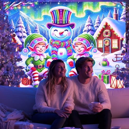 Tapestry Neon Christmas Snowman and Elf 78x59 Inch Holiday Wall Art for Living Room Kids Room Glow in the Dark Santa Tapestry Winter Decorations for Christmas Party$$Home Decor, Kitchen, & Other