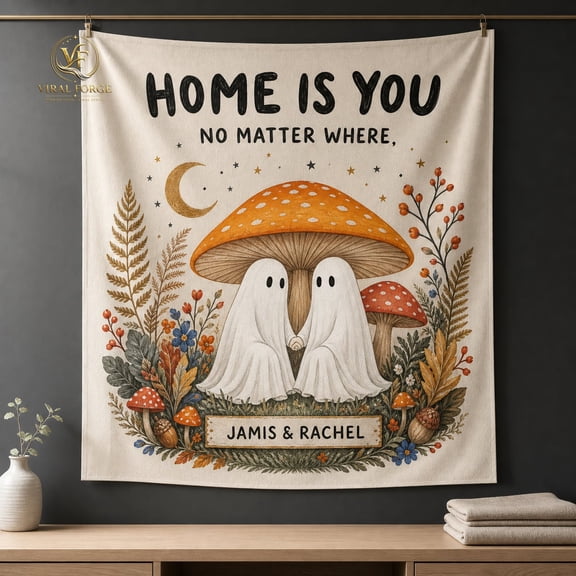 Tapestry Personalized Names Ghost Mushroom Printed Wall Hanging for Couples
