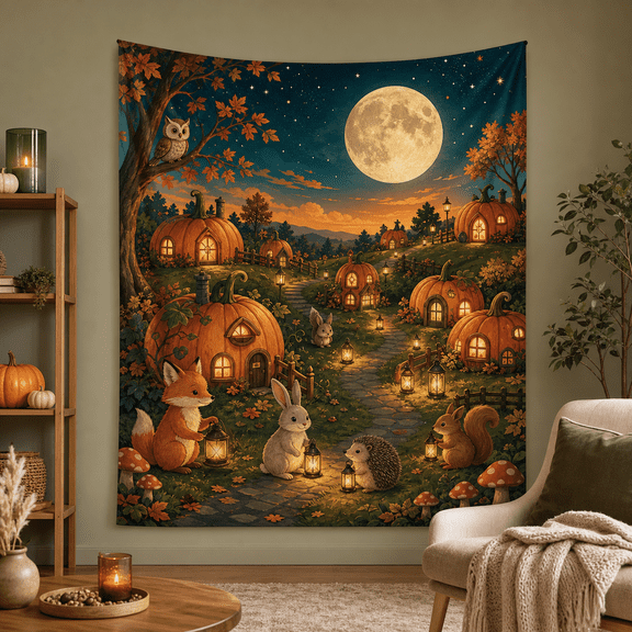 Tapestry Pumpkin Village Fabric Wall Hanging for Cozy Fall Rooms and Halloween Hosts