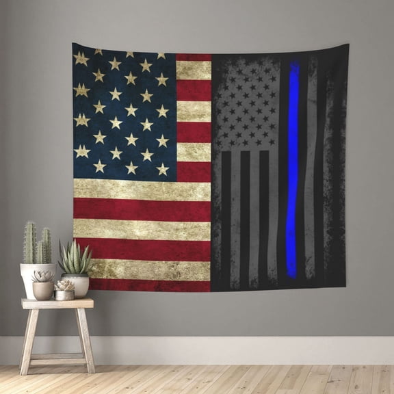 Tapestry Wall Hanging America Thin Blue Line Flag Wall Poster Tapestries For Bedroom Living Room Office Wall Decor 60x51in