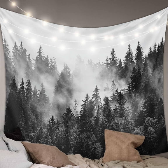 Tapestry Wall Hanging Black Misty Forest Tapestries Aesthetic Green Trees Mountain Landscape Tapestry for Bedroom Living Room College Dorm Art Wall Decor Decorative Backdrop 60x90 Inch