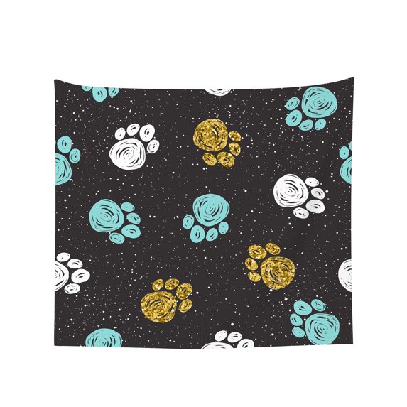 Tapestry Wall Hanging Doodle Dog Paw Gold Blue Tapestries Home Decor for Bedroom Aesthetic 60 X90 IN