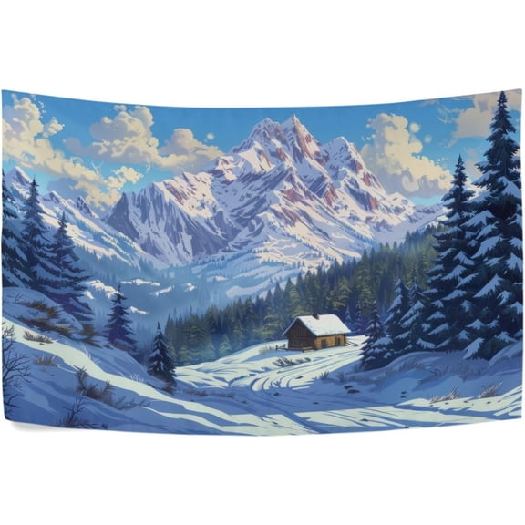 Tapestry Wall Hanging Snowy Mountain Cabin Landscape Tapestry Personalized Tapestry Throw Dorm Living Room Art Home Decor 90 x 60